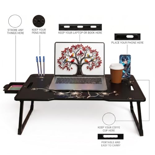 Image of Wood Multipurpose Foldable Laptop Table with Cup Holder | Table Home Study Writing Table, Foldable and Portable /Ergonomic Edges Kids & Adults