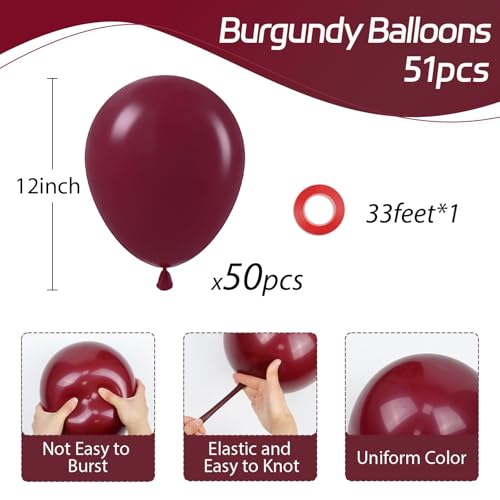 Image of Burgundy Balloons 12 inch, Maroon 50pcs Party Balloons | Graduation, Wedding, Baby Shower, Birthday Party Decorations