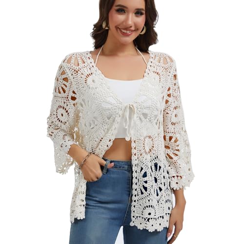 Women Floral Crochet Cardigan Lightweight Tie Front Hollow Out Long Sleeves Cover Lace Sweaters Shrug