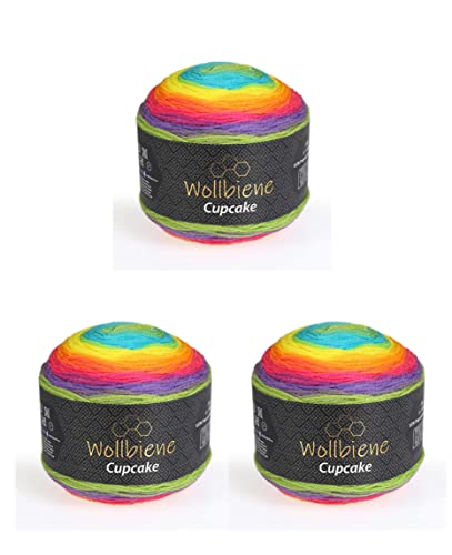 Cupcake - Lot de 3 pelotes de laine à tricoter de 150 g - 450 g - Pour bébé - Laine turque - Dégradé de couleur (arc-en-ciel 3040)