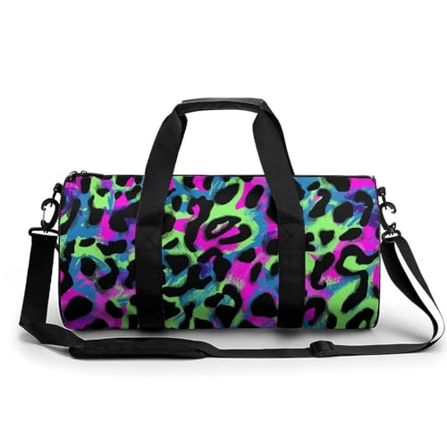 Neon Leopard Print Travel Gym Bag for Women Men Cylindrical Duffle Bag Sport Workout Bag with Shoulder Strap