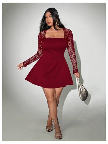 Image of Floerns Women's Plus Size Contrast Lace Sheer Long Sleeve A Line Dress Square Neck Mini Dresses