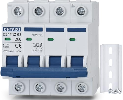 Image of CHTAIXI DC Miniature Circuit Breaker, 4 Pole 1000V 20 Amp Isolator for Solar PV System, Thermal Magnetic Trip, DIN Rail Mount DC Disconnect Switch C20