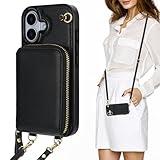 KIHUWEY Crossbody Wallet Case for iPhone 17, Zipper Pocket Case with Card Holder, PU Leather RFID Blocking Protective Cover Case with Kickstand Detachable Wrist Strap Lanyard 6.3' (Black)
