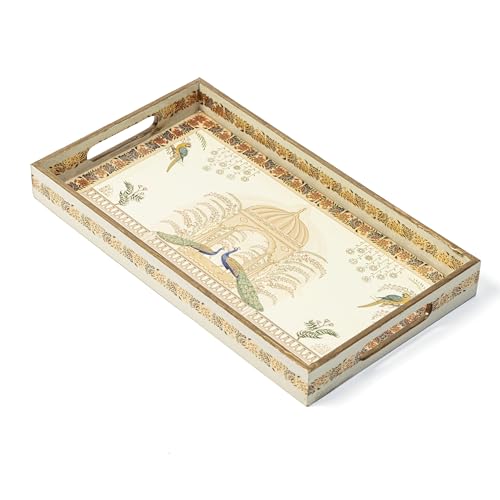 Image of DULI Set of 3 MDF Wood Enamel Coated Multipurpose Trays| Serving Tray for Home & Dining Table (16x10x2, 14x8x2 & 12x6x2 Inches) (Setof3WP-IvoryPeacock)