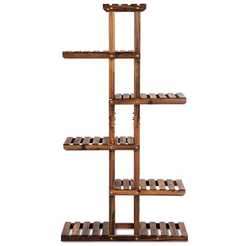 GYMAX Scaffale Porta Piante da Esterno in Legno, Scaffale Portavasi per Fiori Espositore con 6 Livelli, Fioriera Verticale con Struttura Stabile, Portafiori Angolare per Giardino, 75 x 25 x 140 cm