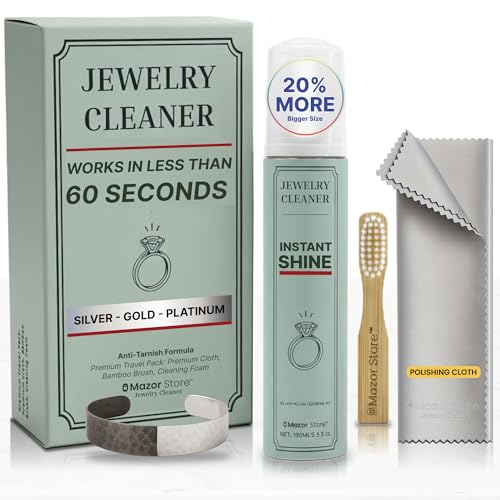 Silver Jewelry Cleaner, Instant Shine, 4-in-1 Gold, Platinum Jewelry Cleaner Solution, Brush, Large Polishing Cloth & Luxury Travel Box – Eco-Friendly, Tarnish Remover & Jewelry Cleaner Kit