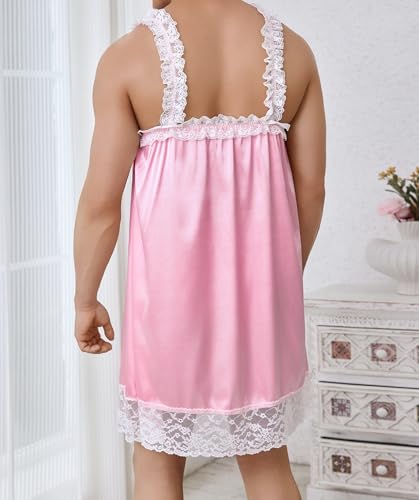 ABAFIP Men's Sissy Satin Babydoll Dress Lace Ruffle Nightgown Mini Nightdress Shiny Nightgown Nightwear3