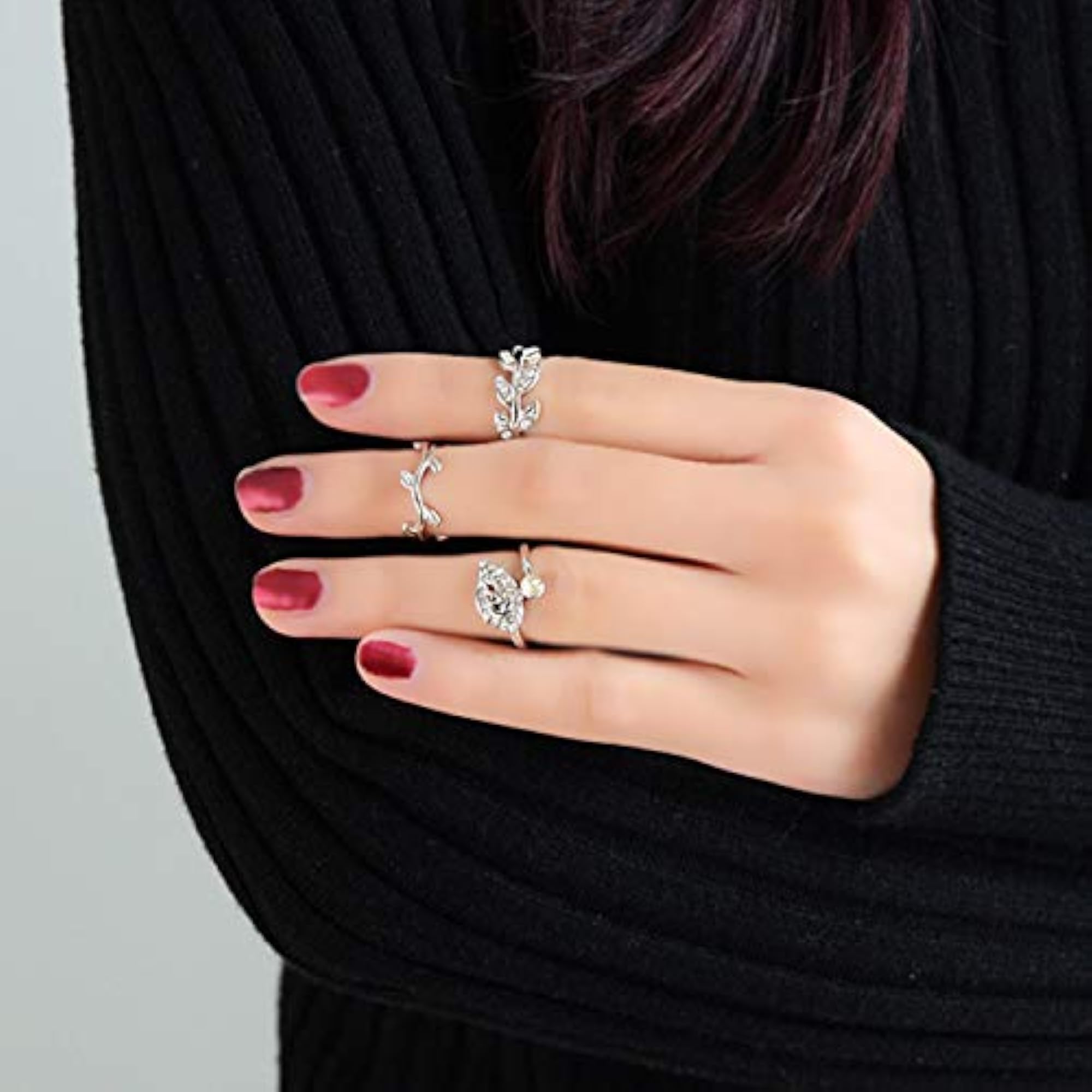 Bohemian Oxidised Silver Leaf Shaped Stack Rings for Women