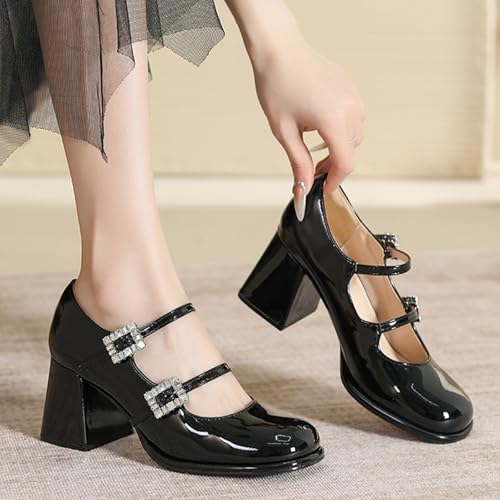 Women's Patent Leather Chunky Heel Mary Jane Shoes Comfortable Round Toe Rhinestones Double Strap Mid Block Heel Dress Pumps for Daily Office Business2
