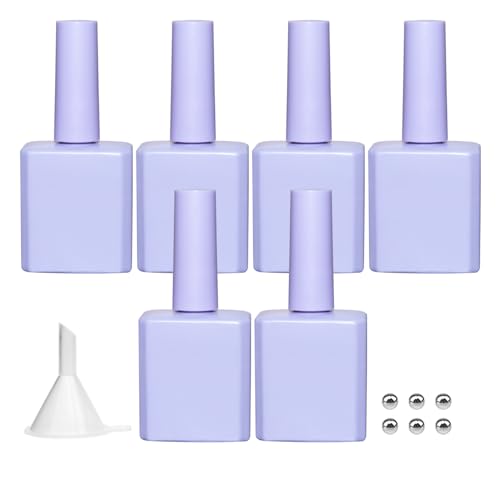 6PCS Glass Gel Nail Polish Bottles Purple, UV Safe Opaque Empty Refillable Nail Varnish Vials Containers with Brush Cap & Funnel & Mixing Balls for Nail Art Samples (20ML)