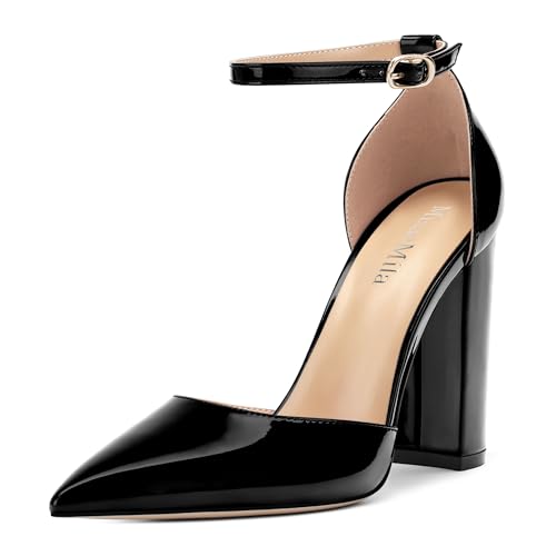 Ankle Strap Heels for Women,Chunky Block Closed Pointed Toe Patent Pumps,Dress Wedding Party Shoes 3 Inch