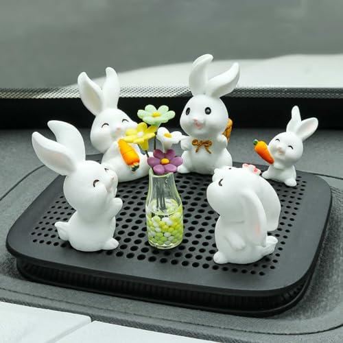 Dexspoeny 7 Pcs Mini Bunny Cute Car Interior Accessories, Mini Bunny & Daisy Flowers Miniature Figurines, Mini Cute Car Dash Decorations Car Interior Ornaments Home Office Decor for Women Gifts