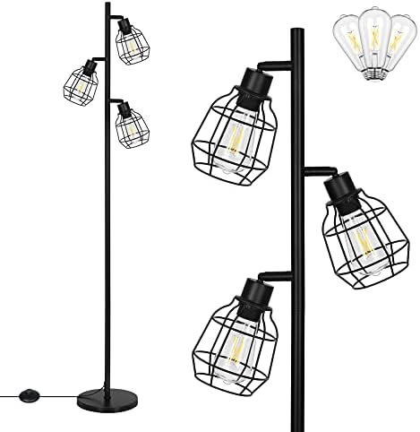 EDISHINE Tree Floor Lamp for Living Room, Industrial 3-Light Standing Lamp with 3 LED Bulbs, Adjustable Rotation Heads, E26 Base, Metal Shade, Farmhouse Rustic Reading Lamps for Bedroom Office Black