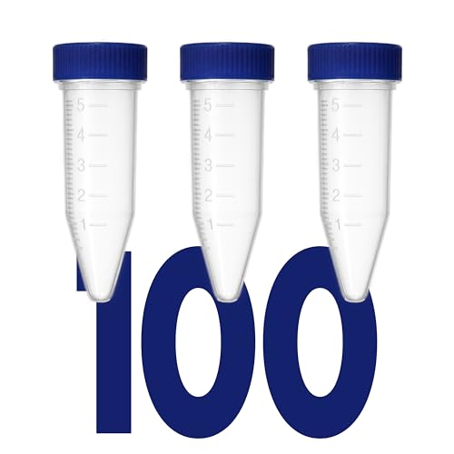 Image of Kashi Scientific 5mL Screw Cap Conical Centrifuge Tubes, Sterile Test Tubes with Blue Lids, Lab-Grade Polypropylene Plastic, Printed Graduation and Write-on Spot [5mL Screw Cap, 100]