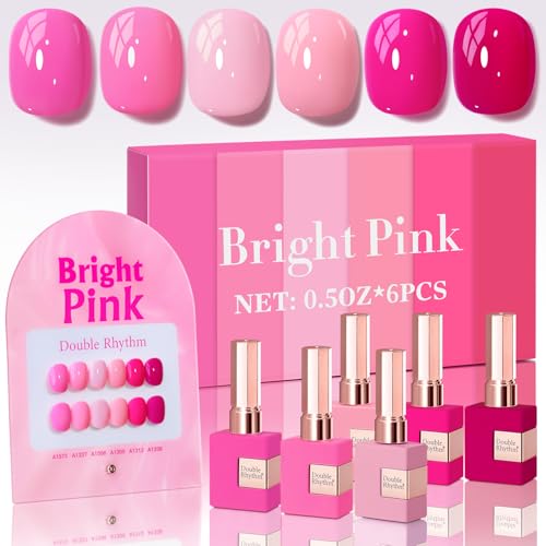 Double Rhythm 6 Pcs 15 ML Gel Polish Set Same Color Same Bottle Soak Off Gel Polish Kit Nail Art Manicure Salon DIY at Home for Women (Bright Neon Light Pink Purple-T6-13)