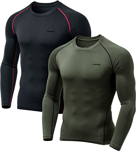TSLA Men's Thermal Long Sleeve Compression Shirts, Athletic Base Layer Top, Winter Gear Running T-Shirt, 2pack Black & Red/Olive, Medium