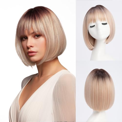 Perruque courte avec frange droite en fibres synthétiques blond miel