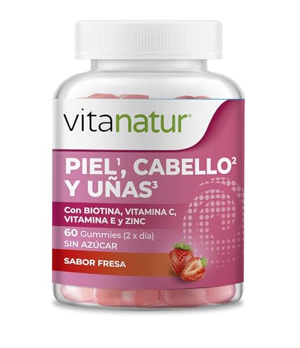 Vitanatur - Piel, Cabello y Uñas Gummies, Complemento Alimenticio con Biotina, Vitaminas C y E y Zinc, con Edulcortantes y Sin Azúcar, Sabor Fresa – 60 Gummies