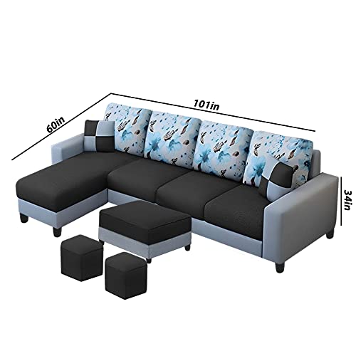 Image of Orland 8 Seater LHS L Shape Sofa with Center Table & 2 Puffy | Color - (Black Grey Fabric)