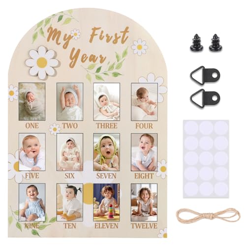 My First Year Photo Display Sign from 1-12 Months Wooden Daisy Flower Picture Frame for First Birthday Party Decorations Milestone Monthly Board for Girl One Birthday Nursery Decor Baby Keepsake Gift