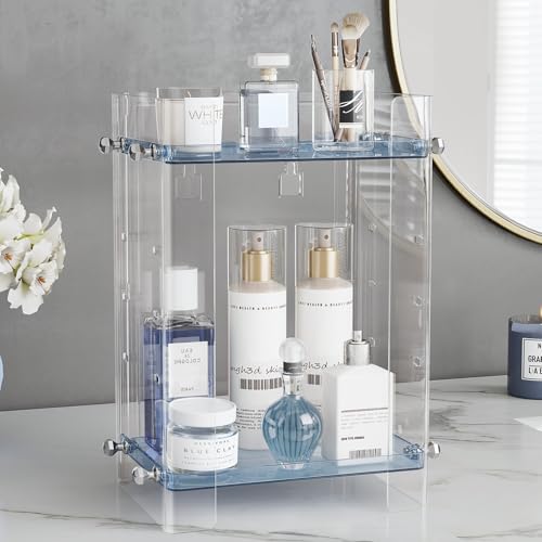 Delamu Bathroom Countertop Organizer, 2 Tier Adjustable Corner Makeup & Skincare Organizer with Protective Guard Rail, Transparent Design for Vanity, Bathroom Counter, Ideal for Girls