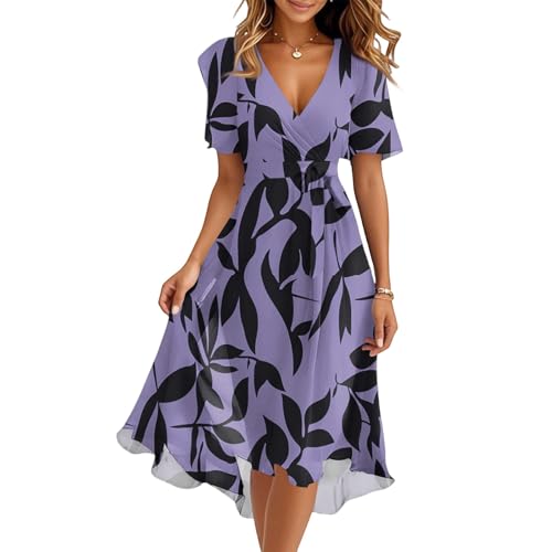 Kleider Damen Sommer Elegant Lang Chiffon Sommerkleid A-Linie Hohe Taille Abendkleid Boho Kleid Kurzarm Cocktailkleid Frauen Midi Casual Wickelkleid...