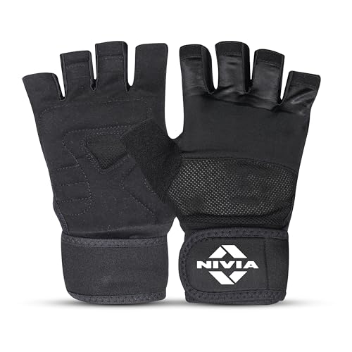 Image of Nivia Enduro Gym Gloves with Wrist Support for Men & Women, Leather Palm & Mesh Back for Breathability, Ideal for Weightlifting, Training, Crossfit & Home Fitness Equipment (Black, M)