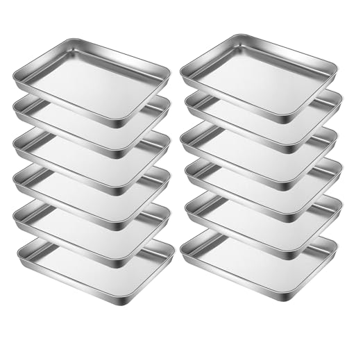 HYTK Little Serving Trays Stainless Steel 304 in Bulk Small Cookie Baking Sheet Pans 10.4 x8.1 x1.1Inch (Diagonal 12.3) Reheat Food Small Items No Rust Dishwasher Safe Bakeware for 2 Person 12 Pack