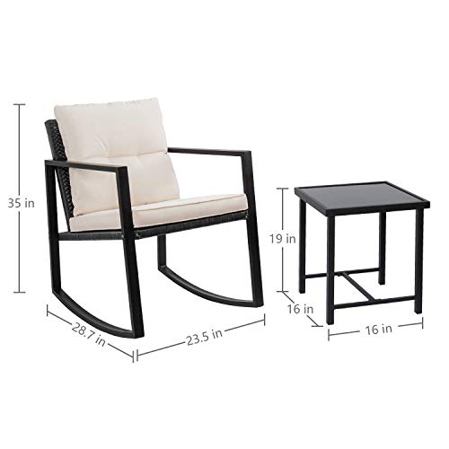 Flamaker Patio Chairs 3 Piece Wicker Rocking Chair Outdoor Bistro Sets With Coffee Table And Cushions Metal Frame Patio Furniture For Porch, Balcony, Lawn (White) #TOP6
