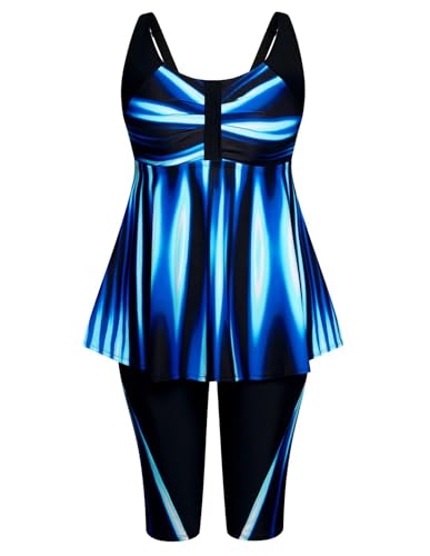 Hanna Nikole Damen Übergröße Tankini Set Bauchkontrolle Bademode Elastische Zweiteilig Badeanzüge Rot Rosa Blaue Geometrie 50 3