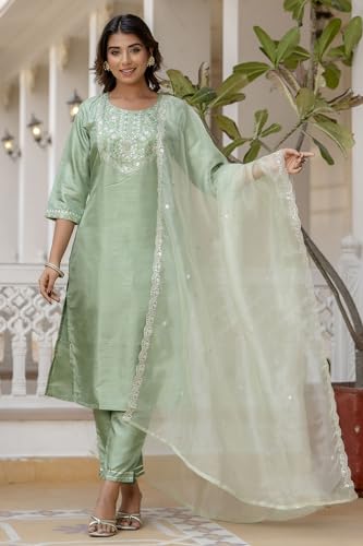 Image of VredeVogel Women's Silk Blend Embroidered Kurta with Pant & Dupatta Set