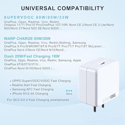 Image of 80W Charger Original 80W Ultra Fast Charger with USB to C Dash SUPERVOOC Cable for Oneplus 12 /12r /11 /11R /10 /10R /9 /9R /Nord 4 / Ce4 / Ce3 / Ce4 Lite 5G and Other Devices