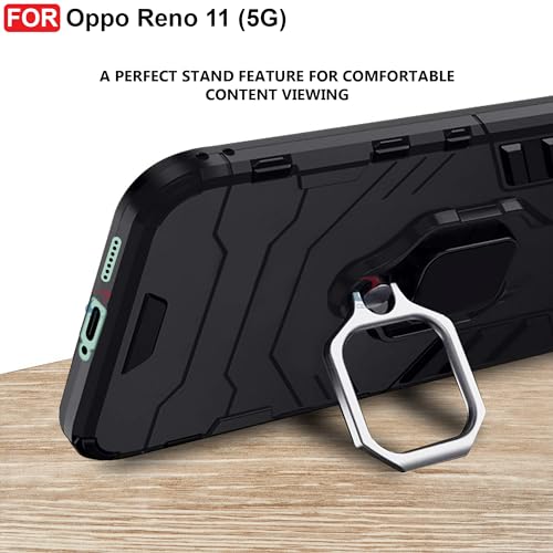 Image of CEDO Kickstand Cover for Oppo Reno 11 (5G) Rugged Case | Built-in Stand Rotating Ring Holder | Military Grade Armor Bumper Back Cover (Black)