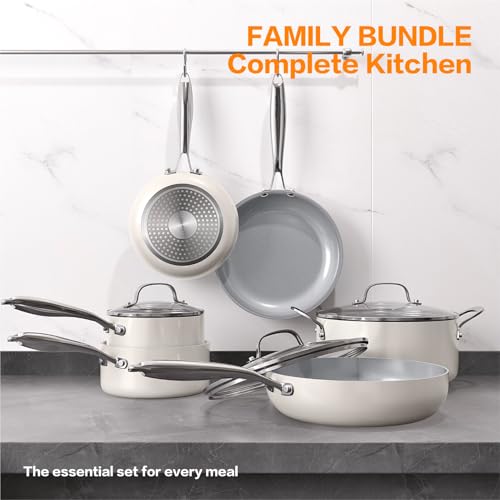 FELAMP Ceramic Nonstick Cookware Set, 10-Piece Non Toxic Pots and Pans Set with Glass Lids, PFOA-Free Healthy Kitchen Ware, Induction Compatible & Oven Safe, Easy Clean Dishwasher Safe - Cream White by FeLamp - Used condition - Image 7