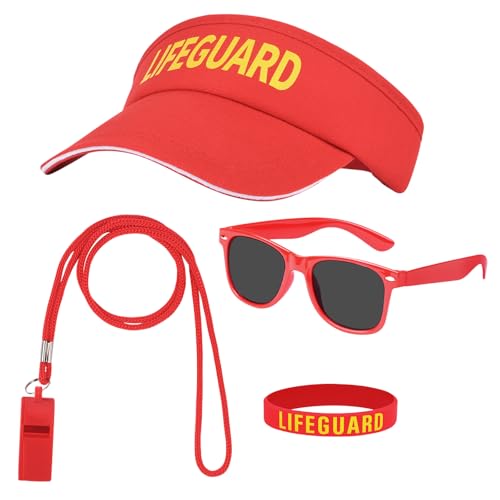 Alaoo Lifeguard Fasching Kostüm Herren Damen, Rettungsschwimmer-Kostüm-Set, Lifeguard Visor Cap, Sonnenbrille, Sportpfeifen, Rettungsring, Armband, Baywatch Rettungsschwimmer Zubehör für Karneval