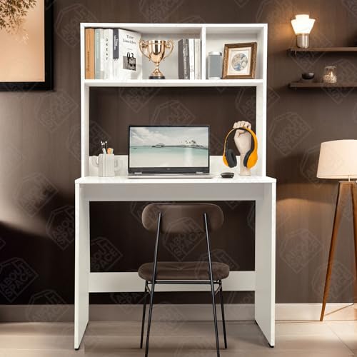 Image of ABOUT SPACE Study Table with Hutch - Computer Table with Storage for PC, Laptop & Writing, Gaming, Drawing DIY Engineered Wood Office Desk for Home (White L 80 x B 45 x H 150 cm)