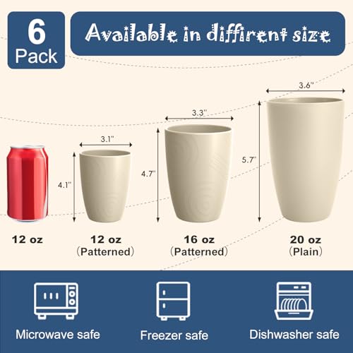 Image of Wheat Straw Reusable Cups, 20 OZ Large Unbreakable Cups Set of 6 | Plastic Drinking Glasses for Latte & Cold Brew - Dishwasher Safe Cups for Breakfast