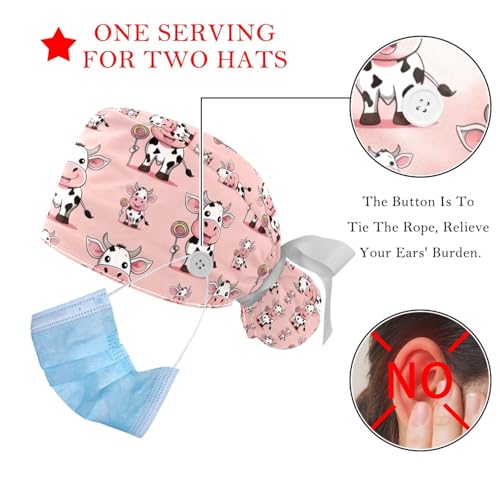 Image of 2 PCS Bouffant Cap with Button Ponytail Pouch Working Cap Sweatband Adjustable Surgical Cap Black and White Cow