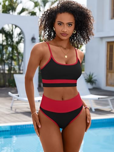 Image of ANRABESS Women's High Waisted Bikini Sets,Color Block 2 Piece Swimsuits,Tummy Control Bathing Suits,Thick Ribbed Beach Wear