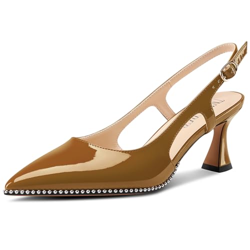 Image of TNYNFBEB Womens Kitten Heel Pointed Toe Pumps Sliver Beaded Slingback Slip-on Buckle Prom Dress Basic Classic Patent Leather Summer 2.6 Inches Heels