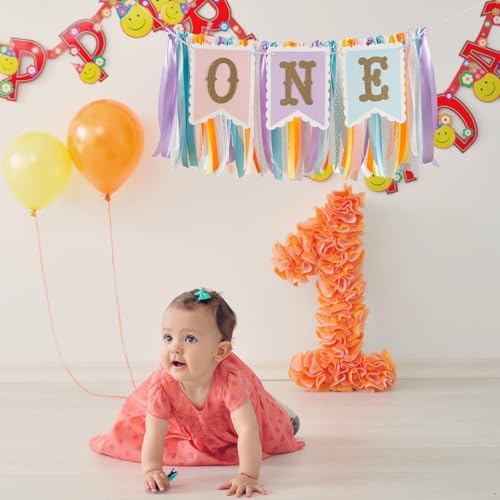 Image of Rainbow High Chair Banner for 1st Birthday - Macaron Color inchONE inch Garland with Tulle for Baby Girl Smash Cake Photo, First Birthday Party Decorations
