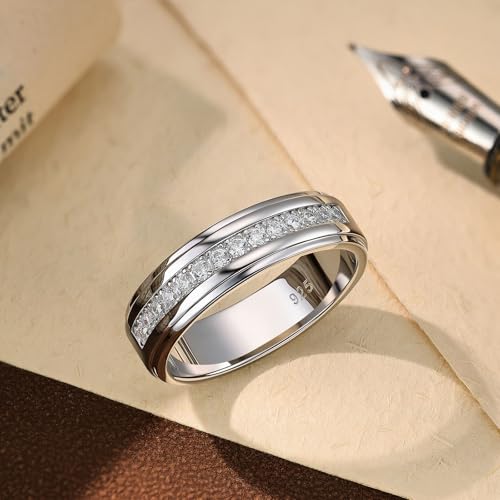 Mens Moissanite Wedding Band 925 Sterling Silver White Gold Plated with 14 Round Cut Lab Created Stones D Color VVS1 Clarity Promise Ring for Him Size 7-143
