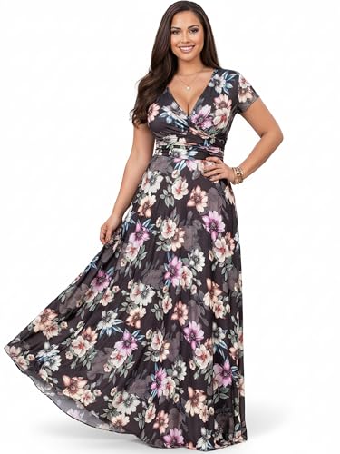 Image of KOH KOH Womens Long Cap Sleeve Floral Print V-Neck Summer Flowy Maxi Dress