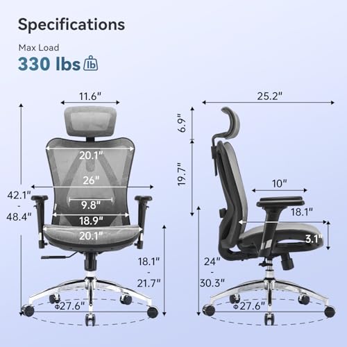 Image of SIHOO M57 Ergonomic Mesh Office Chair, High Back Home Desk Chair with 3D Armrests, Lumbar Support and Adjustable Headrest, Comfortable Computer Chair, Hold 330 LBS-2 Packs-Grey