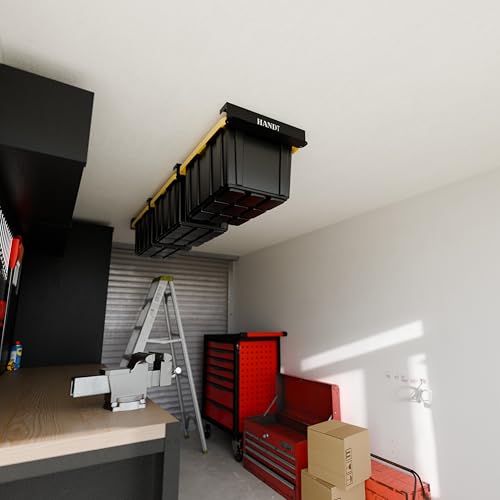 Image of USA Based Overhead Garage Storage Rack, Connectable Heavy Duty Metal Ceiling Rails Garage Storage Organization Shelving System, Hanging Racks Tote Containers, Supports Up To 3 Bins, 2 Sets Black
