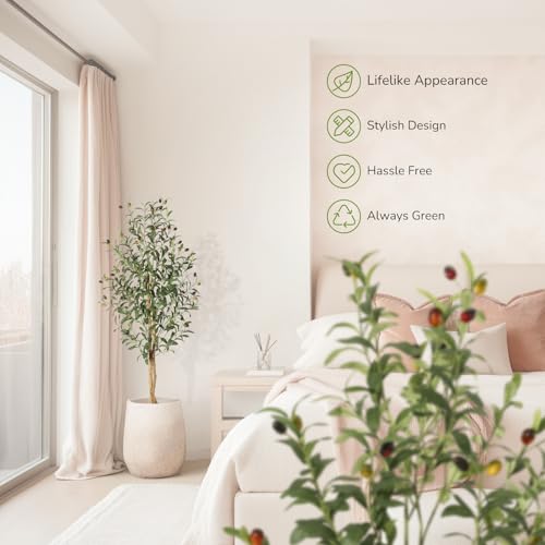 GarveeHome Faux Olive Tree 5ft,Tall Artificial Tree Indoor with 2 Natural Wood Trunks, Fake Plants Potted in White Planter, Floor Plants for Living Room House Decor,2PCS