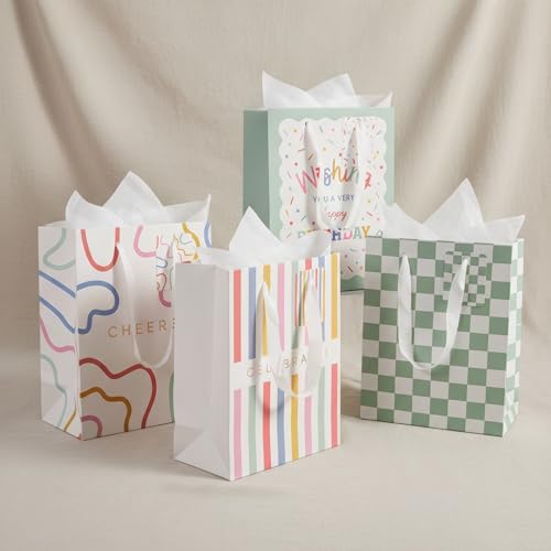 Image of Beautiful Gift Bags Set of 4 - Medium Sized 9" Bags with Handles incl. Matching Tissue Paper, Cards & Small Stickers - Reusable & For Presents of Any Birthday, Weddings, Mothers Day & Other Occasion