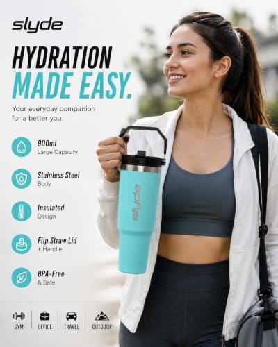 Image of Slyde 900ml Stainless Steel Insulated Tumbler with Handle & Flip Straw Lid | Double Wall Vacuum Flask | Hot & Cold Water Bottle | Leakproof Travel Mug | BPA Free Aqua Blue