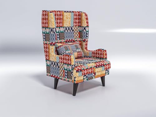 Image of Custom Decor Wooden Wing Chair Without Ottoman Stool | Wingback for Living Room | One Seater Sofa | High Density Foam | Accent Chair for Seating and Home Decor Furniture | (Marwadi, Without Ottoman)